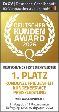 DtGV kürt CHECK24 Mietwagenvergleich zum 7. Mal mit Platz 1 beim Deutschen Kunden-Award 2025/26 - Award Logo